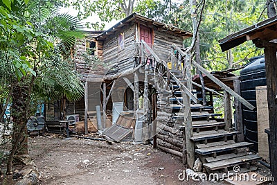 Wooden shacks of Kadirâ€™s Tree Houses hostel in Olympos area of Antalya province in Turkey Editorial Stock Photo